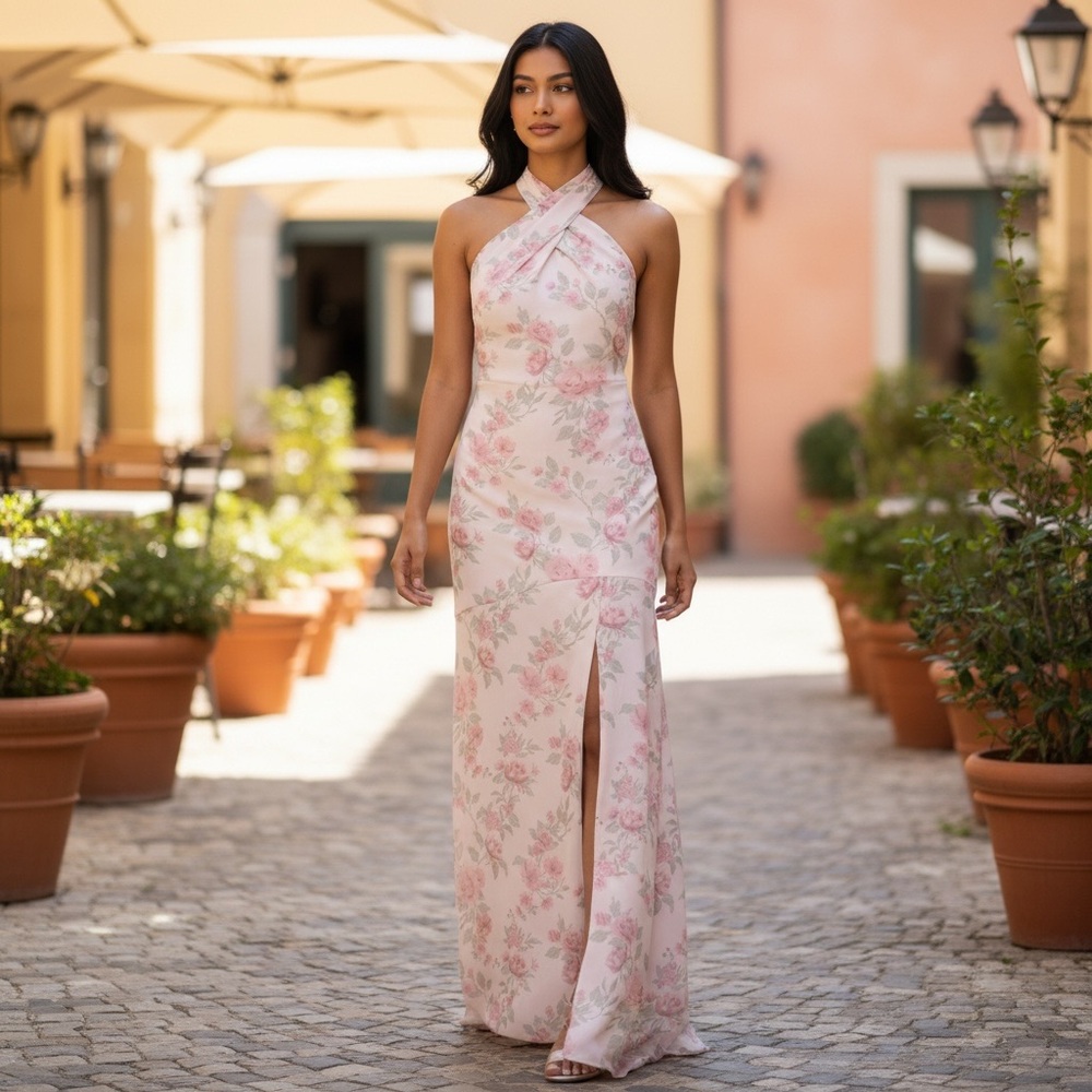 NWT REVELRY Athena Chiffon Floral Print Dress In Blushing Bride Bouquet size 14